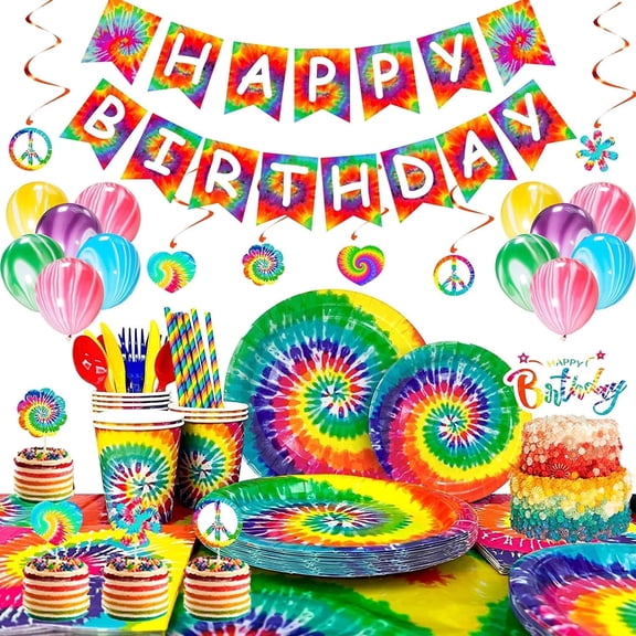 Tie Dye Birthday Party Supplies,175pcs Tie-Dye Party Tableware Set-Tie Dye Party Plates Cups Napkins Tablecloth Banner Balloon Hanging Swirl Cake Topper etc Tie Dye Birthday Decorations