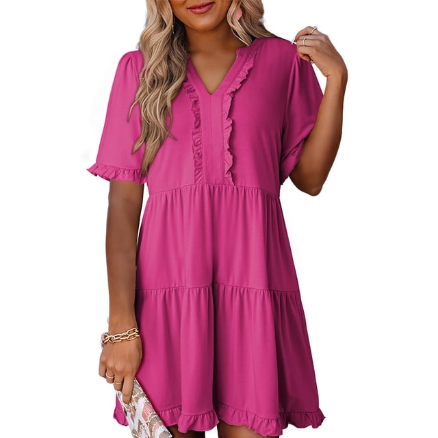Vestido casual Dokotoo para mujer, cuello en V, manga corta, rosa intenso, talla M