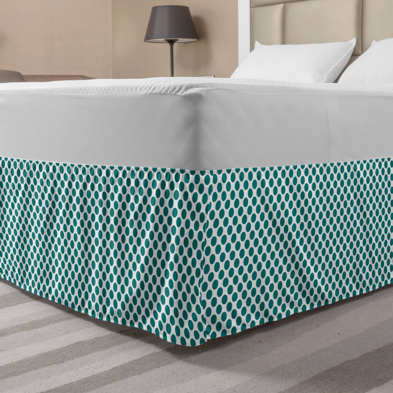 Teal Bed Skirt, Traditional Polka Dots Pattern Design Vibrant Colored Geometrical Elements