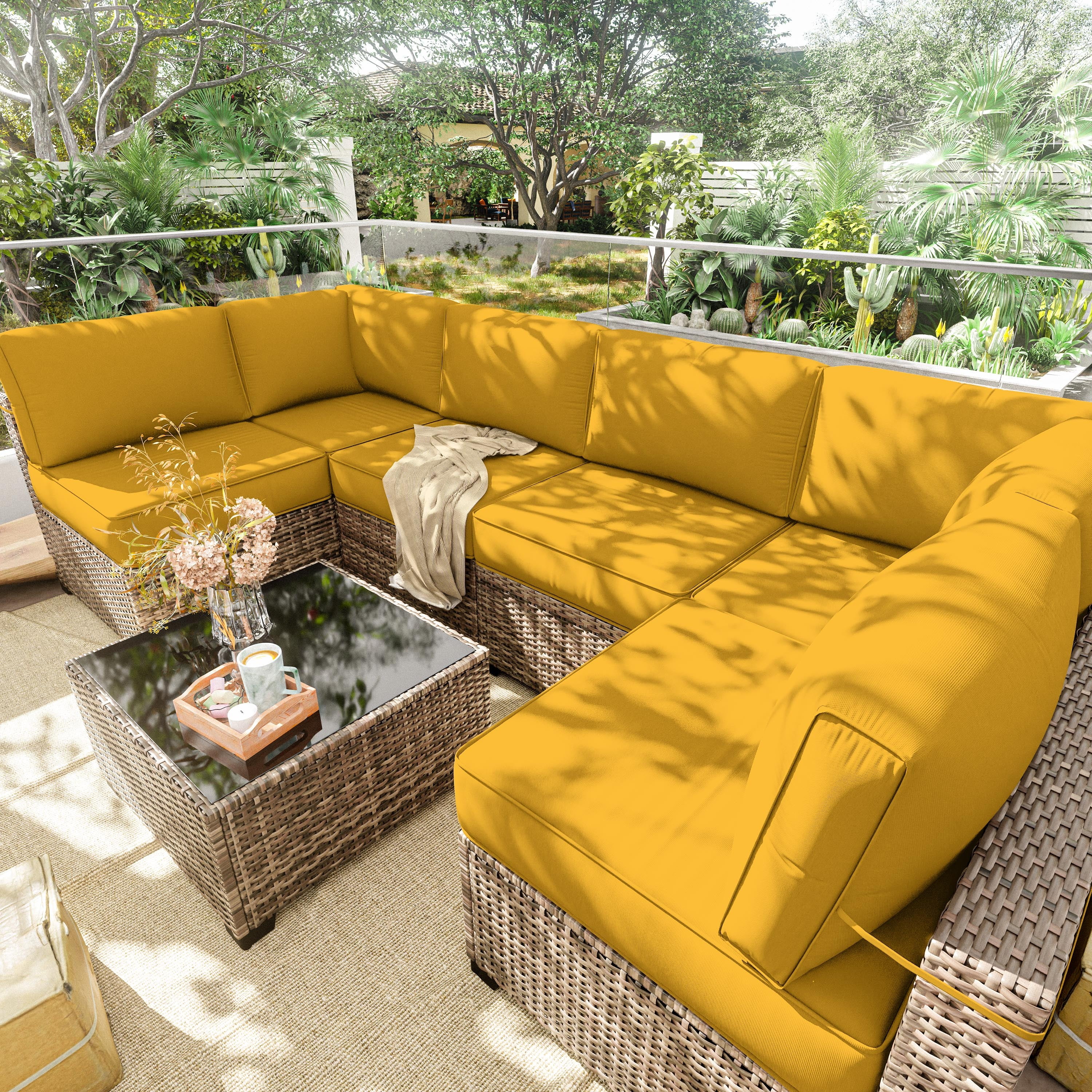 Pakunoda 14 Pieces Outdoor Replacement Cushions, 5” High-Density Foam Sectional Cushions Couch, 6 Seat Patio Conversation Sets for Rattan Wicker, Liner&Cover, Yellow