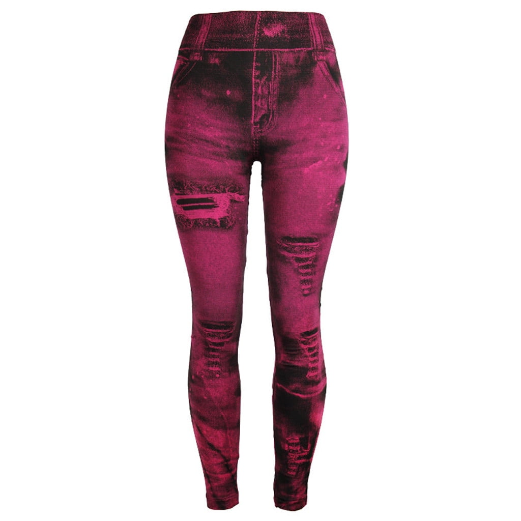 yievot Leggings pour Femmes en Denim Imprime Taille Haute Faux Jeans Effet Push Up Sans Couture Skinny Pants Look Jeggings Imprime