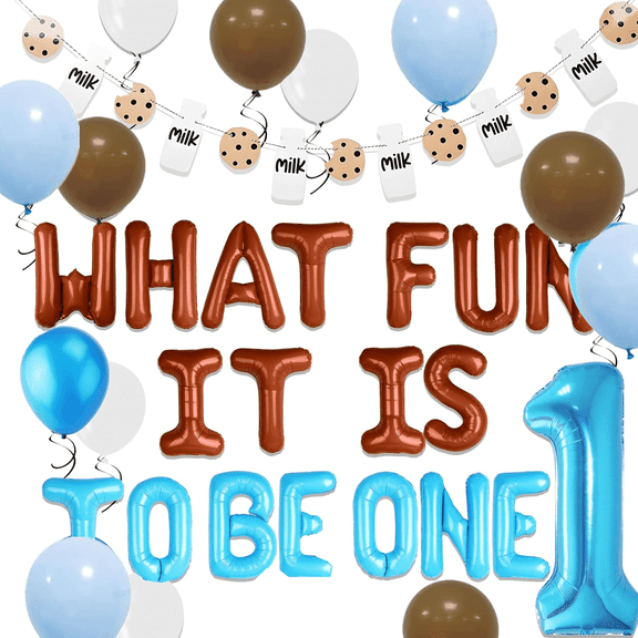 1st Birthday Party Decorations Set - Blue & Brown Cookie Theme with Balloons, Banners & Headband