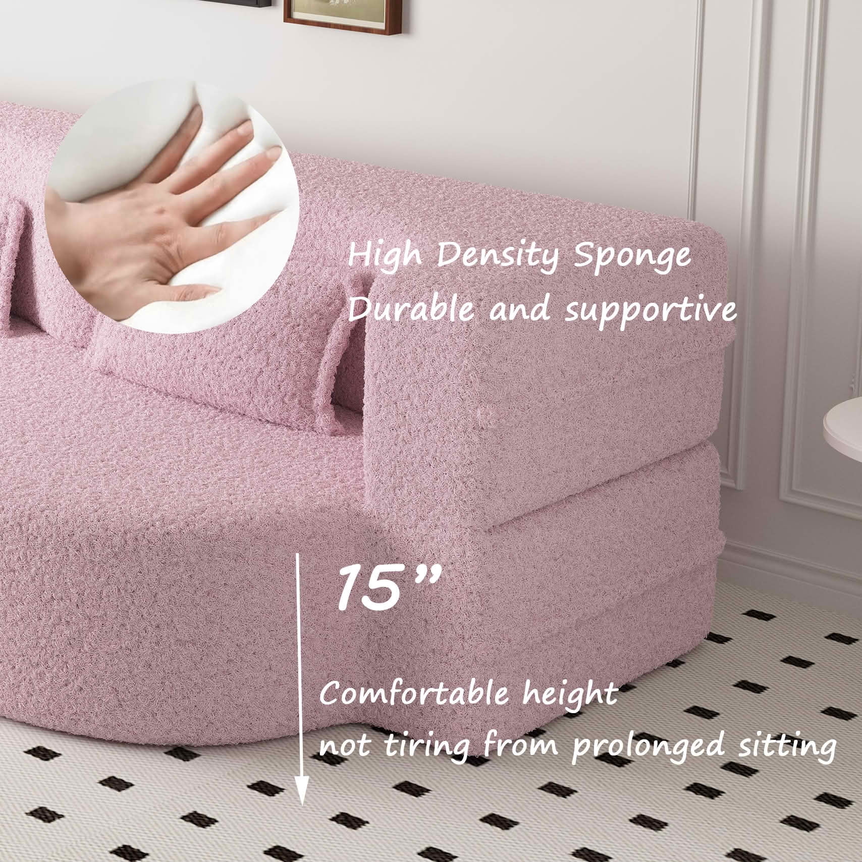 MAYEERTY Sherpa Floor Sofa Bed, Full Size Foldable Foam Sleeper Mattress with 2 Pillows, Zero Assembly Space Saving Guest Bed