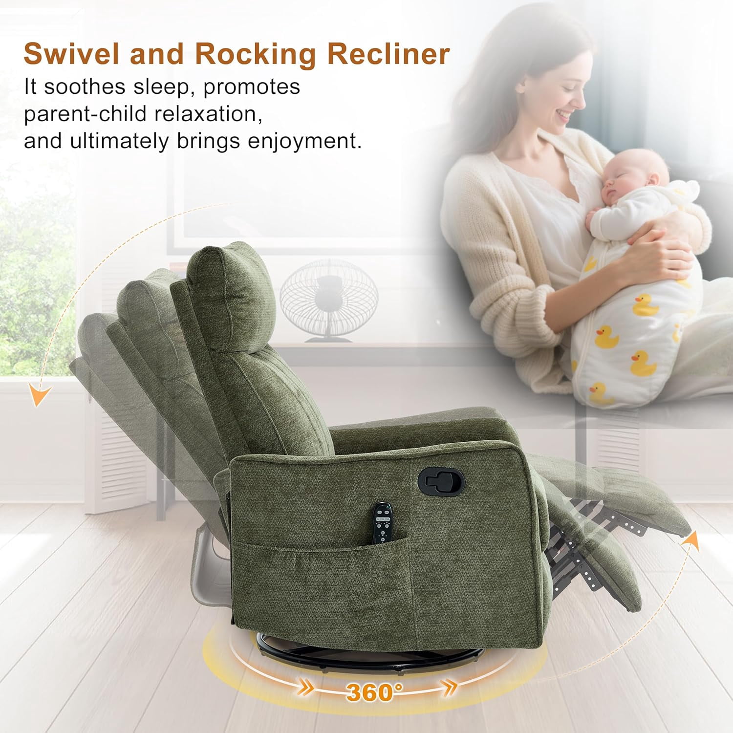 AENKYO Swivel Recliner Chair, Manual Rocking Massage Chair, Heated for Adults, for Living Room,Green Chenille