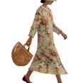 thumbnail image 3 of COEQINE Women's Office Casual Dress 3/4 Sleeve Wrap V-Neck Long Dresses Linen Look Loose Fit Midi Tunic Sundress for Work, Machine Washable, Size XL, Vintage Bird Rose Floral, 3 of 6