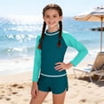 thumbnail image 1 of Odeerbi 12-16 Años Niñas Hawaiana 2 Piezas de Manga Larga Rash Guard Conjunto Bloque de Color Upf 50 + Traje de Baño de Surf Seco Rápido Con Pantalones Cortos, 1 of 9