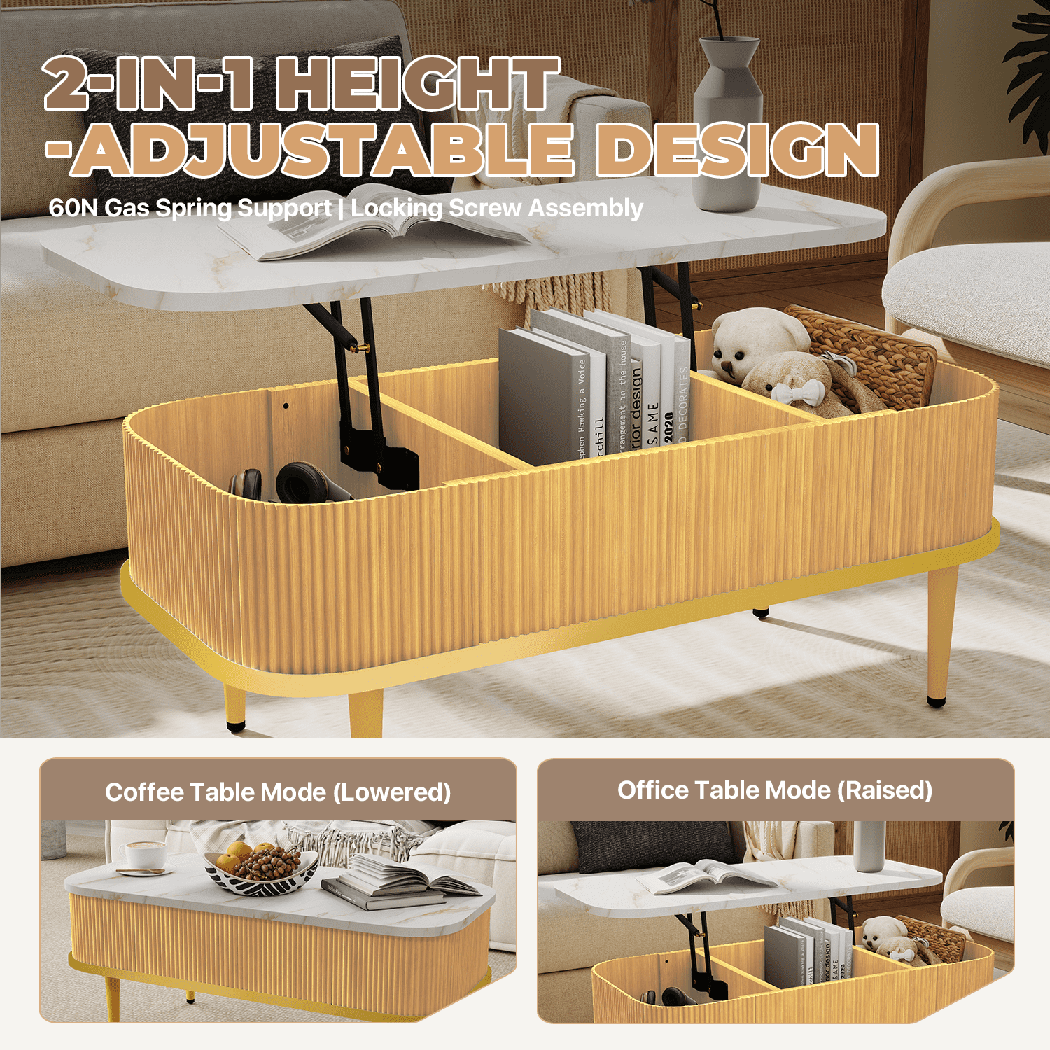 BaPiPro 39" Lift Top Coffee Table with Storage, Modern Fluted Rectangle Center Table with Hidden Compartment for Living Room, Home Office, Oak