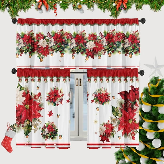 SUNWISHA Christmas Curtain Valances for Kitchen 3 Piece Set 52'' Lx18'' W & 36'' L x 26'' W x2 Red