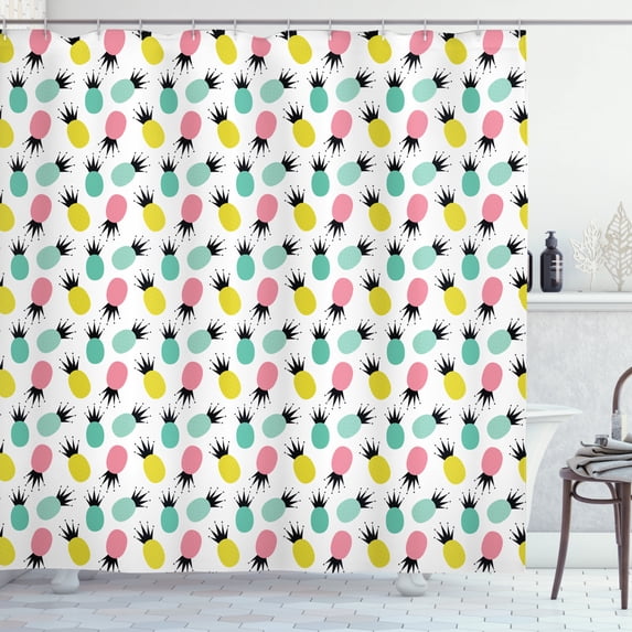 Hawaii Shower Curtain, Colorful Pineapples Illustration with Abstract Rhombus Pattern Composition of Fruit, Fabric Bathroom Set with Hooks, 69W X 84L Inches Extra Long, Multicolor, by Ambesonne