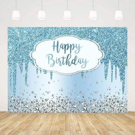 Image of ABLIN 10x7ft Happy Birthday Backdrop Dripping Glitter Crystal Diamond Blue Photography Background Girls Women Birthday