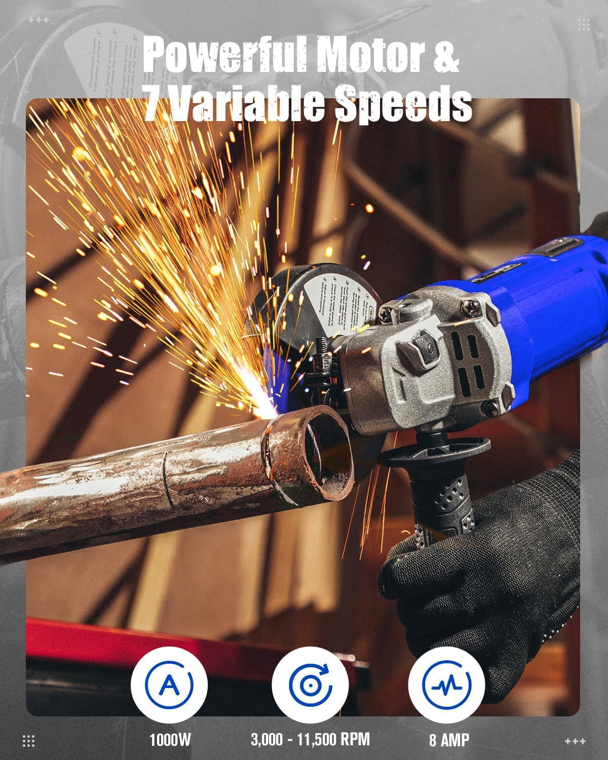 Angle Grinder 4-1/2 Inch 8.0 Amp 1000W Electric Grinder Tool 7-Variable-Speed Metal Grinder, 11,500 RPM, Paddle Switch with Lock-on Button, Cutting & Grinding Wheels and Side Handle - Red
