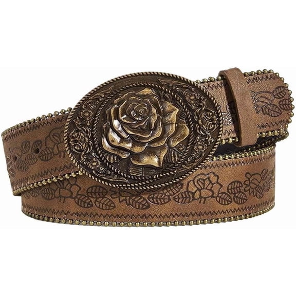 Women Western Belt with Heart Embossed Buckle Vintage Brown Belt for Jeans Pant Dress Cowgirl Cowboy Belts