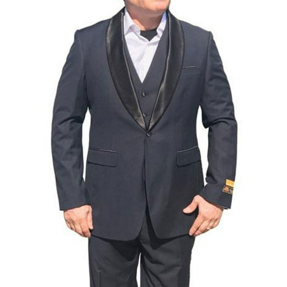 Mens Three Piece Dress Suits One Button Shawl Tuxedo Jacket Vest Pants | Royal Navy Gold