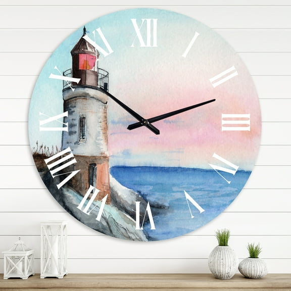 Designart 'A Lighthouse On A Rock Shore In Early Morning' Nautical & Coastal Wall Clock
