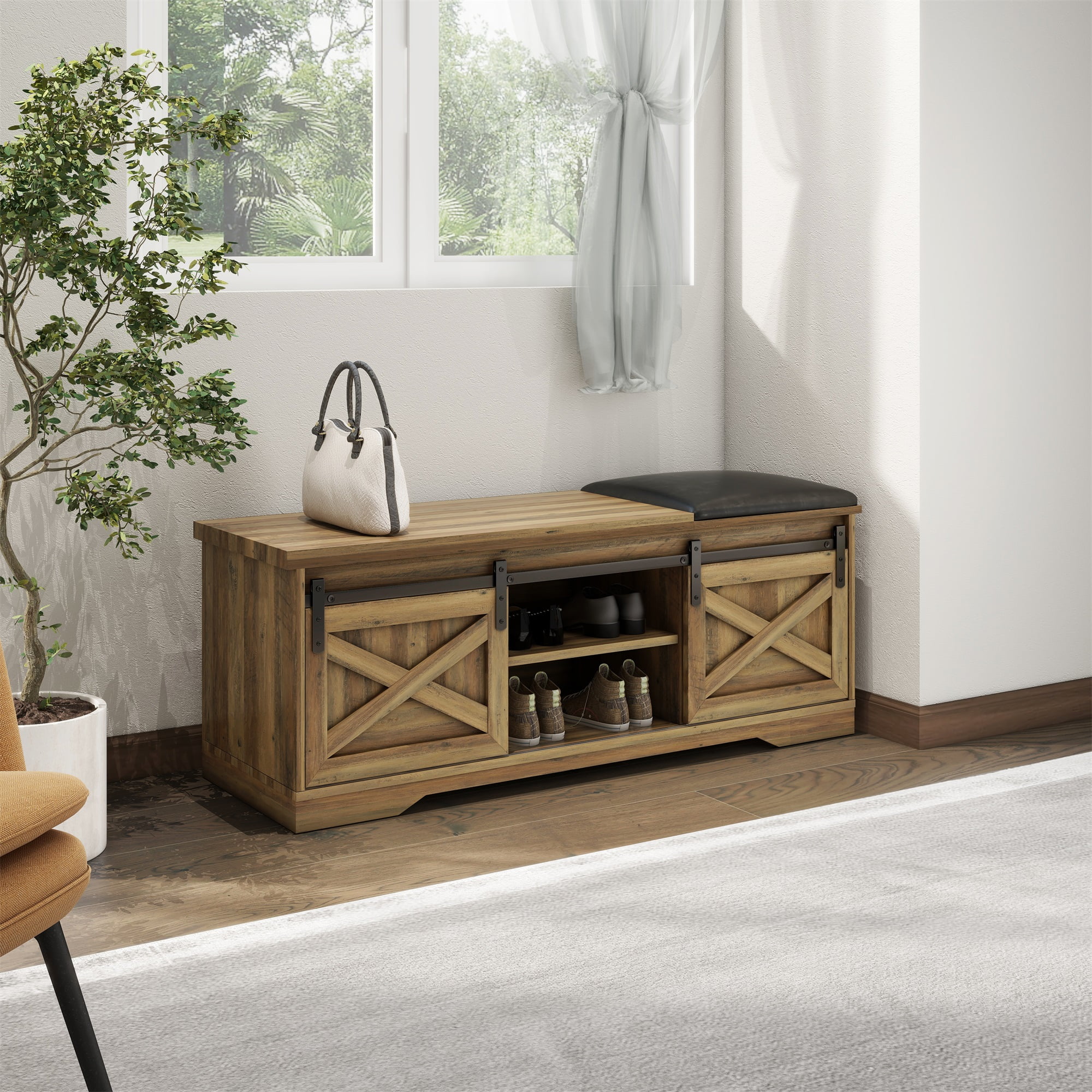 Kadyn 47 Inch Modern Farmhouse Sliding X Barn Door Litterbox Bench with Entry Cutout, Light Brown Shoe Bench Kadyn 47 Inch Modern Farmhouse Sliding X Barn Door Litterbox Bench with Entry Cutout, Light Brown Shoe Bench