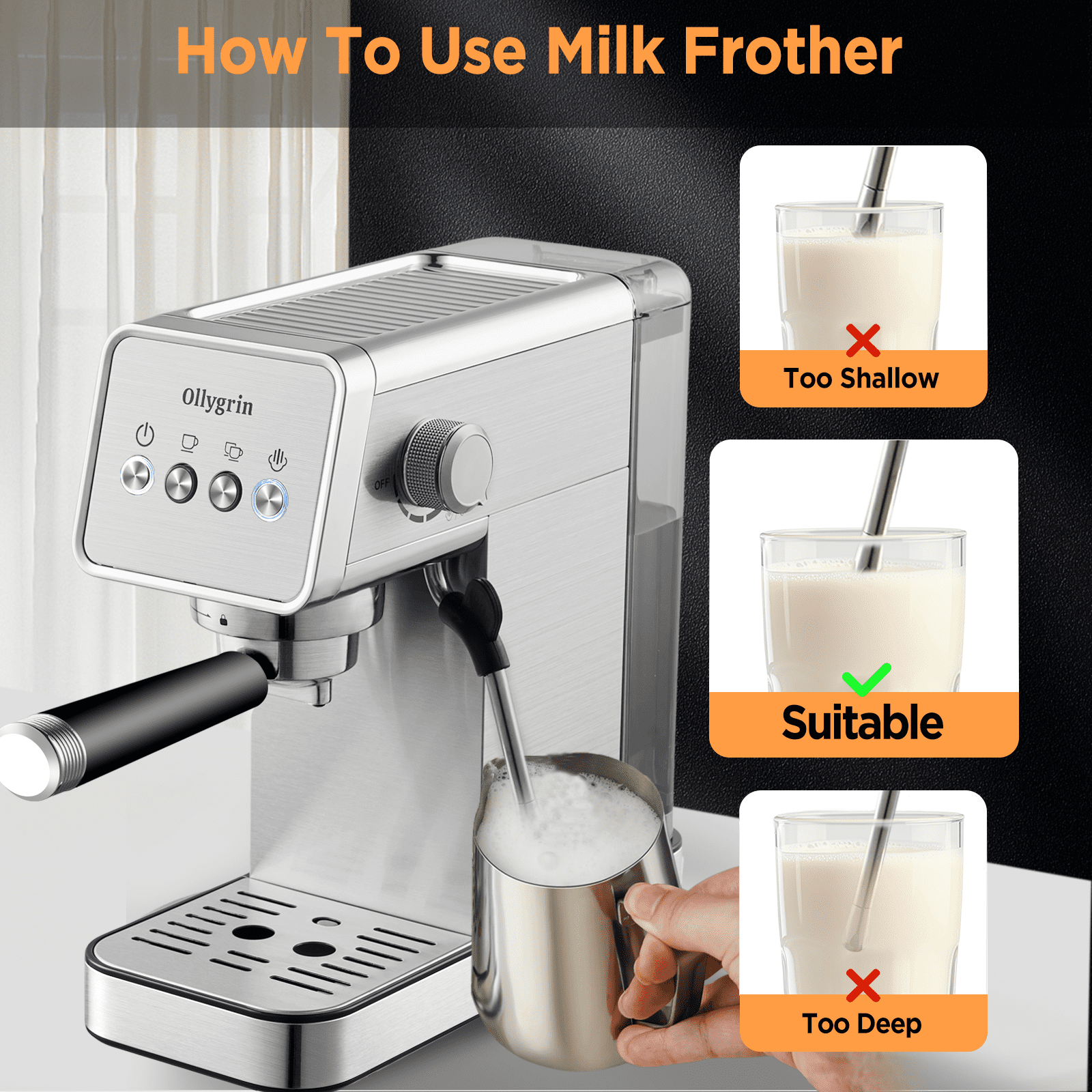 Ollygrin Espresso Machine,15 Bar Semi-Automatic Espresso Maker with Milk Frother,Compact Stainless Steel Coffee Machine with 40oz Removable Water Tank for Cappuccino,Latte, Americano,Sliver for Home