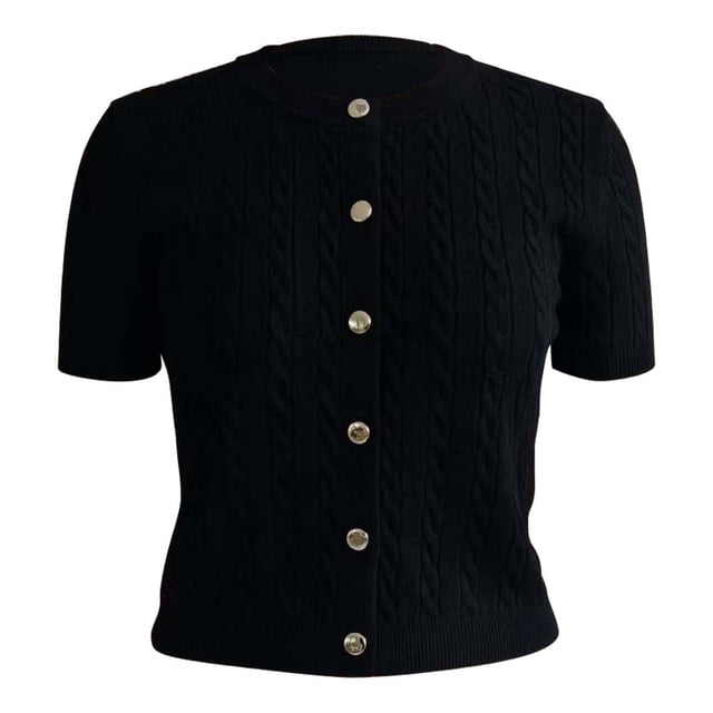 Suéter George para Mujer, Tejido de Cable, Botones Dorados, Manga Corta Negro Talla Ch