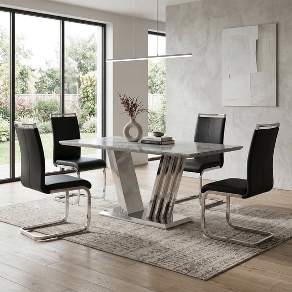 Sumdeal 70'' Faux Marble Dining Table Set for 4 with Black PU Leather Dining Chairs, Modern Rectangular Marble Kitchen Table and Chairs Set with Stainless Steel Base