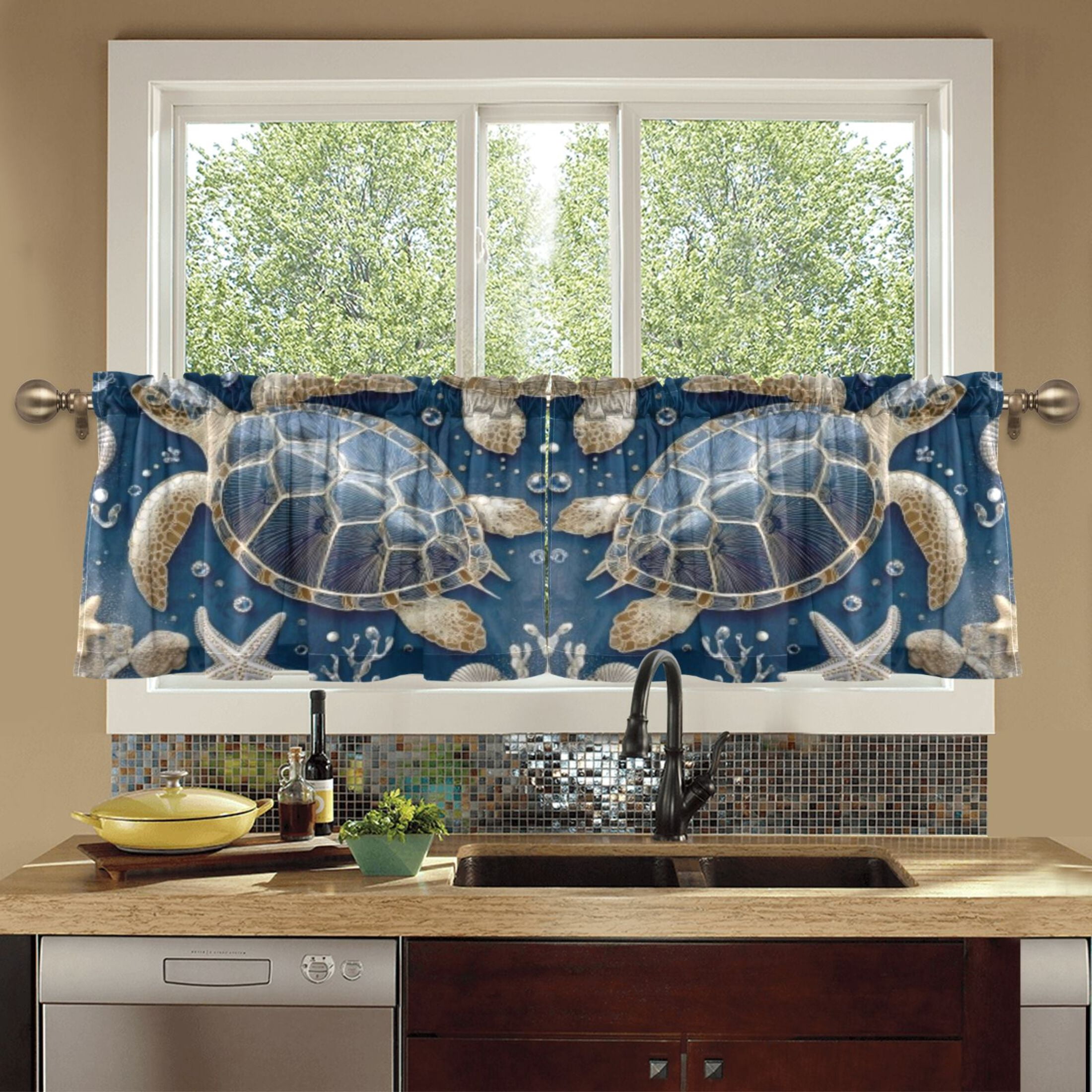 BZSMCE Set of 2 Pieces Window Curtains In Navy Beaded Sea Turtle Pattern 57x24in/57x36in