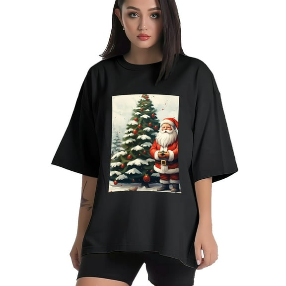 Plus Size Shirt for Women Black Tops for Women Short Sleeves Shirt for Women Santa Claus And Snow 2 T Shirt Crewneck Shirt for Women XS