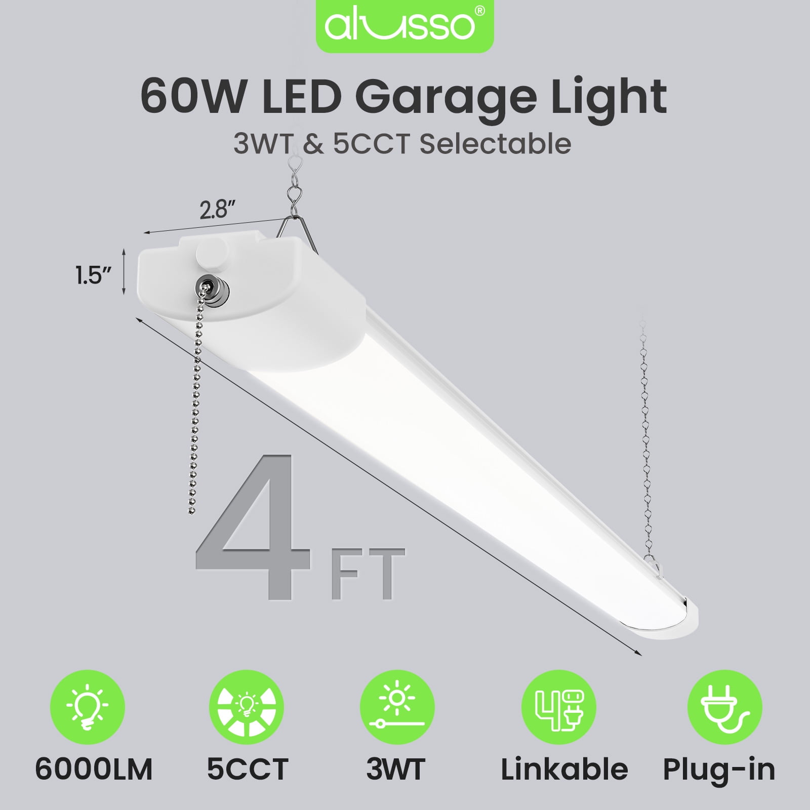 ALUSSO 4FT LED Shop Lights for Garage, 6000LM Super Bright Shop Lights with Pull Chain, 60W/45W/30W, 2700K/3000K/4000K/5000K/6500K Adjustable Led Shop Lights Linkable for Workshop, 2 Pack