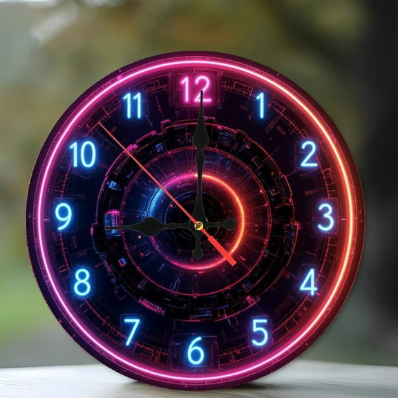 Futuristic Neon Wall Clock with Digital Display Features 10-Inch Silent Wooden Wall Clock, Battery Operated (AA Batteries Not Included), Artistic Home Decor