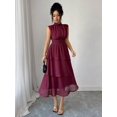 thumbnail image 6 of Maroon Womens Elegant Sleeveless High Neck Chiffon Maxi Dress With Tiered Ruffle Hem And Waist Gathering, 6 of 8