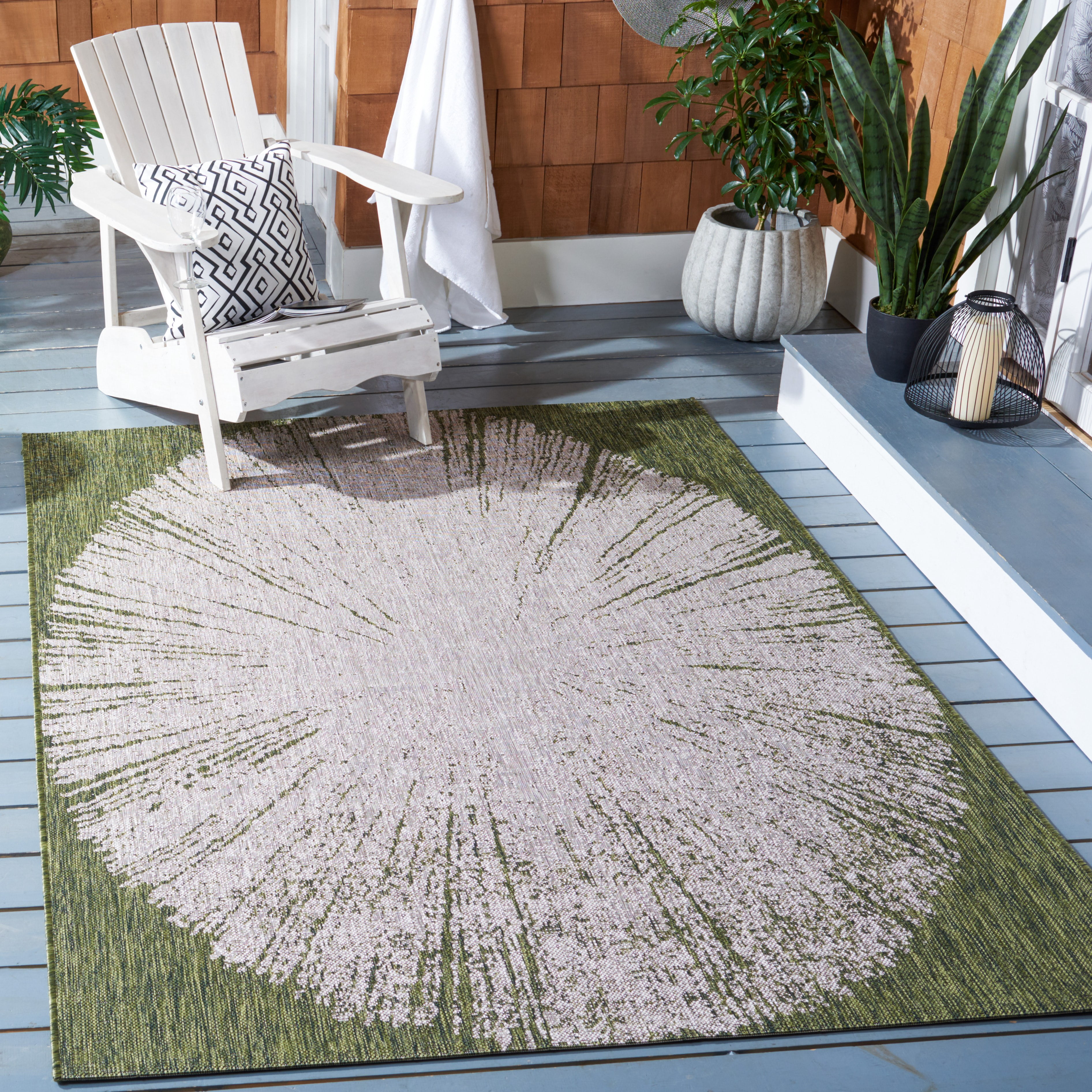 SAFAVIEH Courtyard Jaymz Radiant Indoor/Outdoor Area Rug, Beige/Dark Green, 6'7" x 9'6"