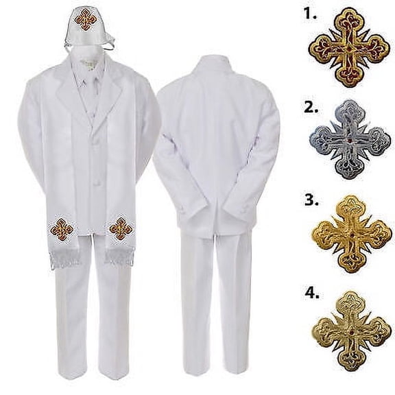 5-7pc White Baby Kid Boy Notch Lapel Necktie Formal Tuxedo Suit Cross Hat Stole