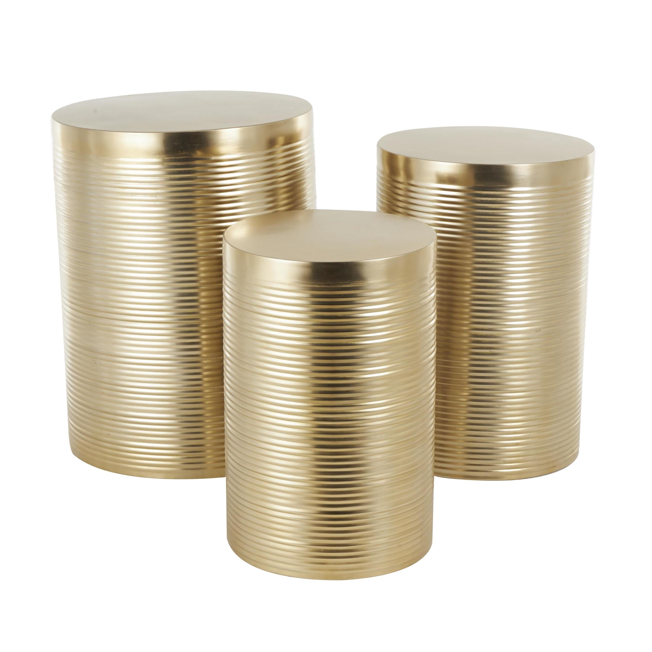 DecMode 18" x 24" Gold Metal Metallic Ribbed Drum Accent Table, 3-Pieces