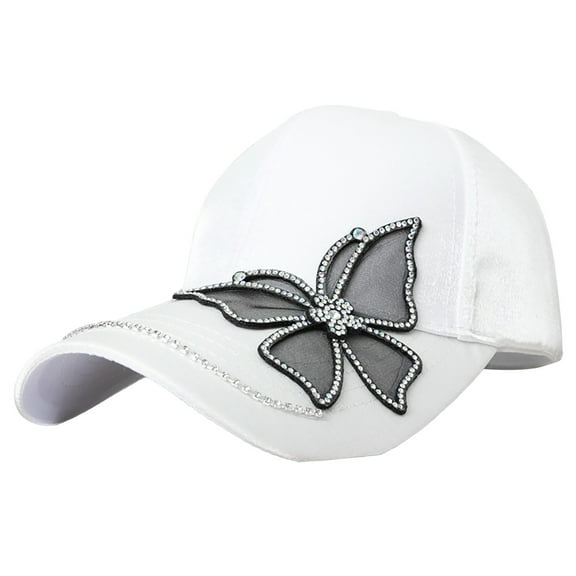 yunLXY Hat White Springnd Summer New Baseball Cap Women's Rhinestone Mercerized Cotton Butterfly Sunshade Hat Outdoor Sunscreen Casual Hat One Size