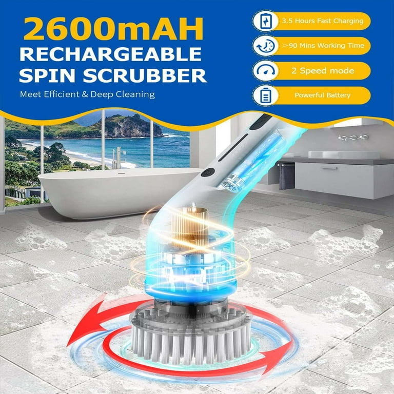 Electric Spin Scrubber, Cordless Electric Shower Scrubber With 8  Replacement Brush Head, 2 Adjustable Speed, Bathroom Scrub Brush, Power Bathtub  Scrubber With Extension Long Handle For Bathtub,tile, Floor, Bathtub,  Bathroom Cleaning Accessories 