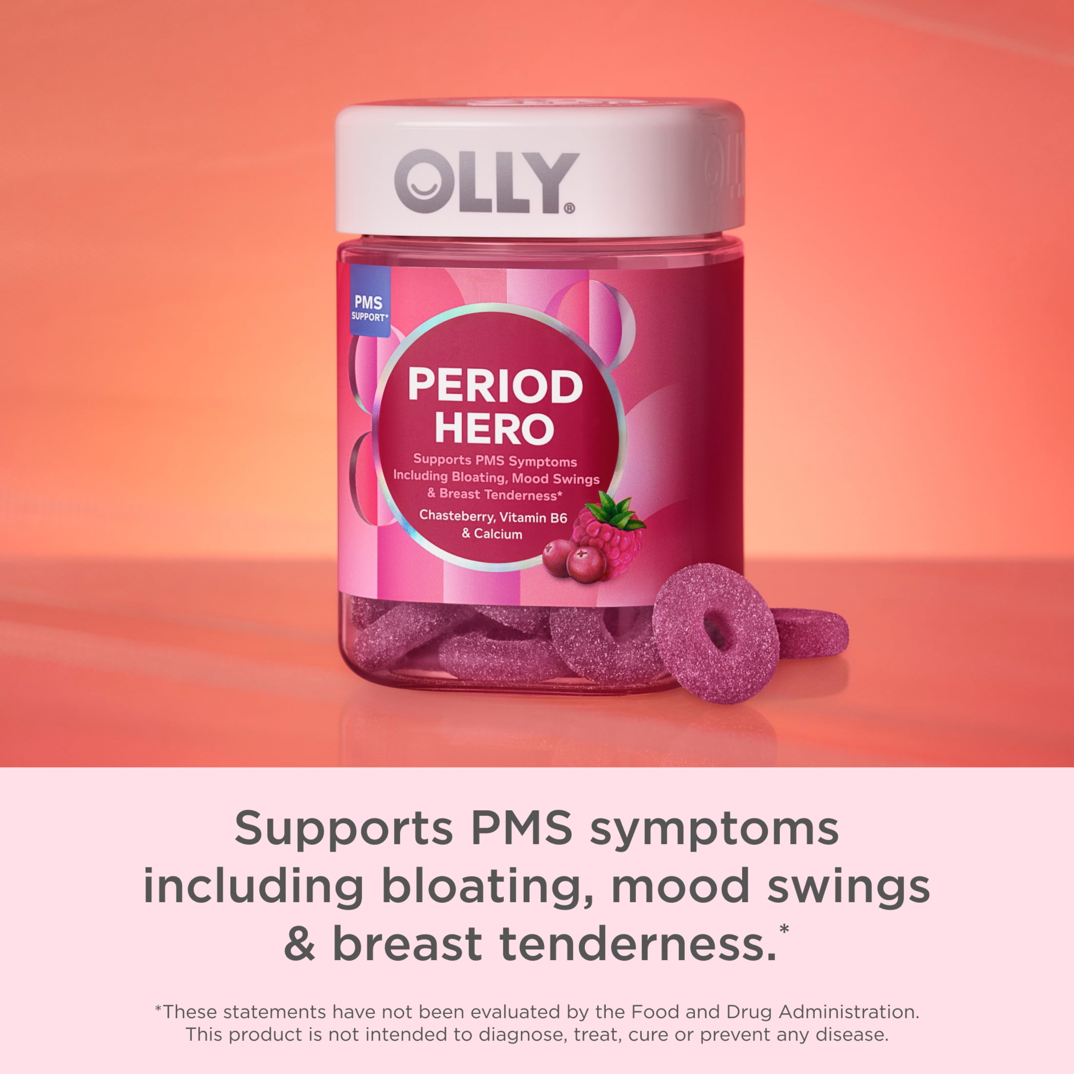 OLLY Period Hero Gummy Supplement, Chasteberry, Vitamin B6, Calcium, PMS Support, Raspberry, 60 Count