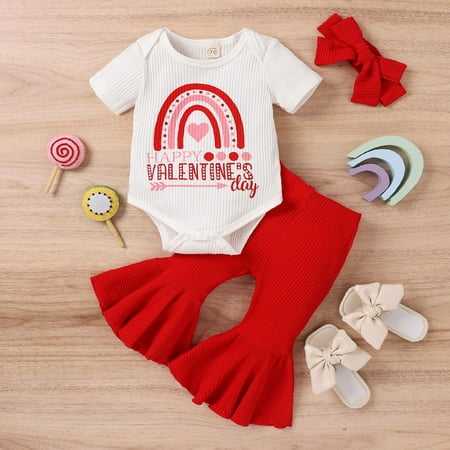 

Ruidigrace Toddler Girls Valentine s Day Short Sleeve Letter Prints Romper Bodysuits Bell Bottoms Pants Headbands Kids Outfits