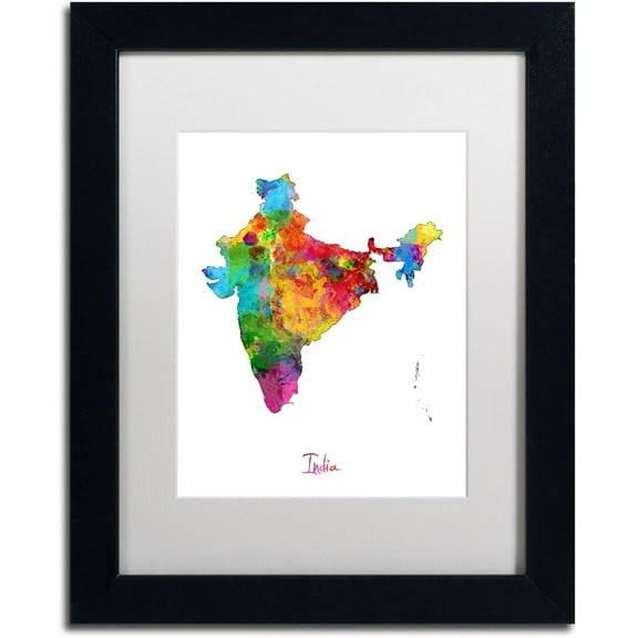 Trademark Fine Art "India Watercolor Map" Canvas Art by Michael Tompsett White Matte, Black Frame