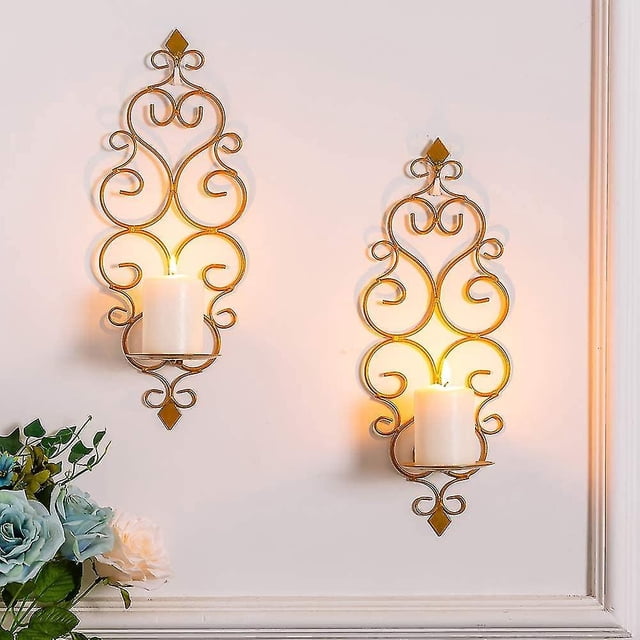 Juego de decoración de pared de 2 candelabros decorativos dorados montados en la pared para velas de pilar, decoraciones de pared de Metal colgantes para sala de estar