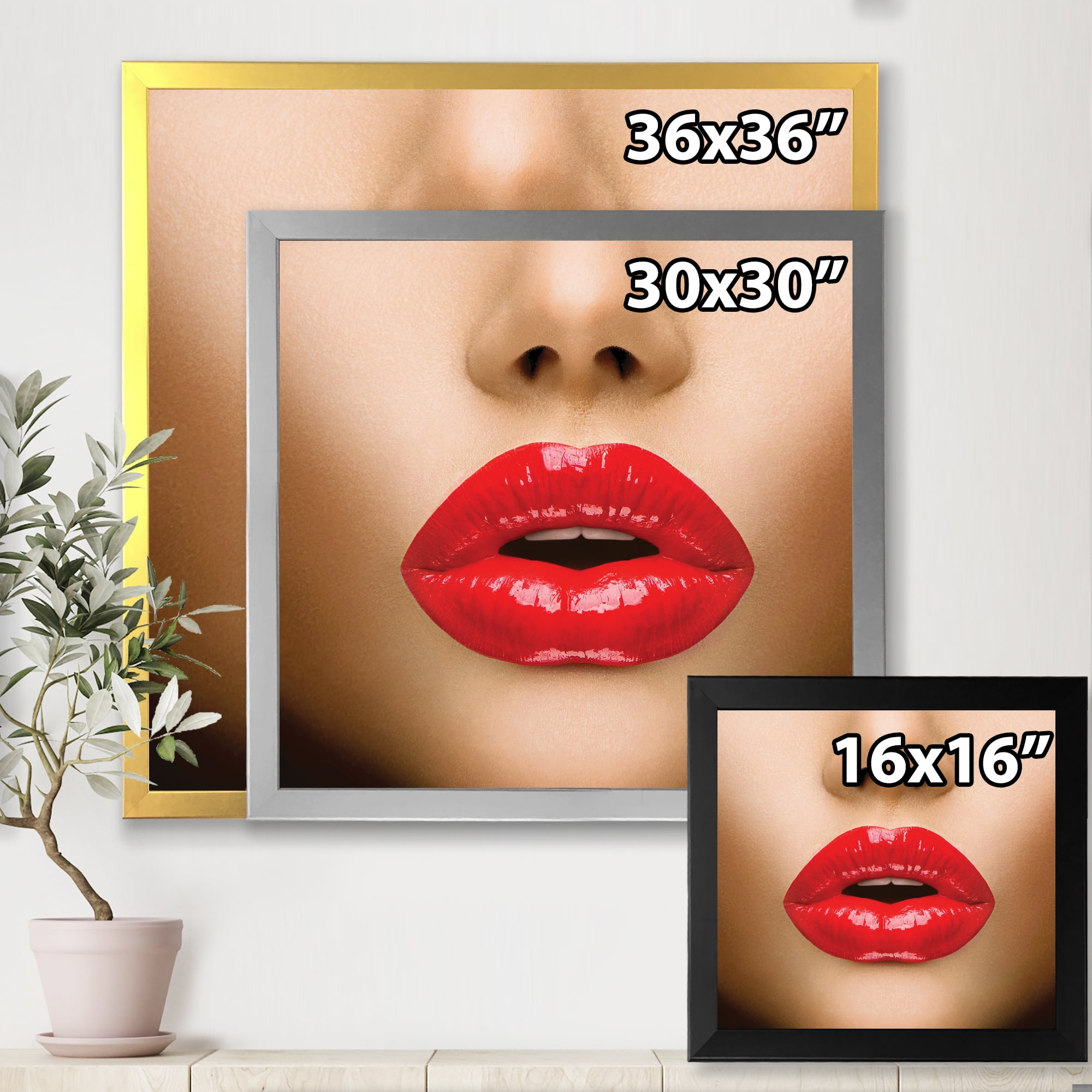 Designart 'Sexy Woman Lips Beautiful Make-Up Close-Up Kiss' Modern Framed Art Print