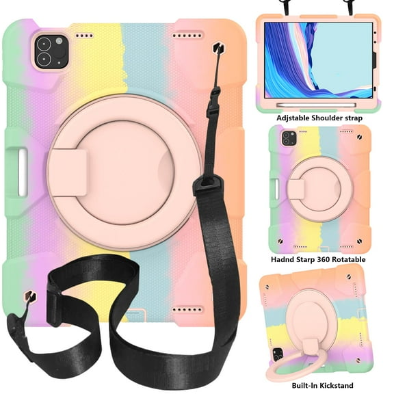 Case for iPad Pro 11 3rd Generation 2021: Military Grade Shockproof Silicone for iPad 11 Inch 2nd Gen w/Pencil Holder - Stand - Handle - Shoulder Strap For iPad Pro 11 2021/2020/2018,Colorful#Rosegold