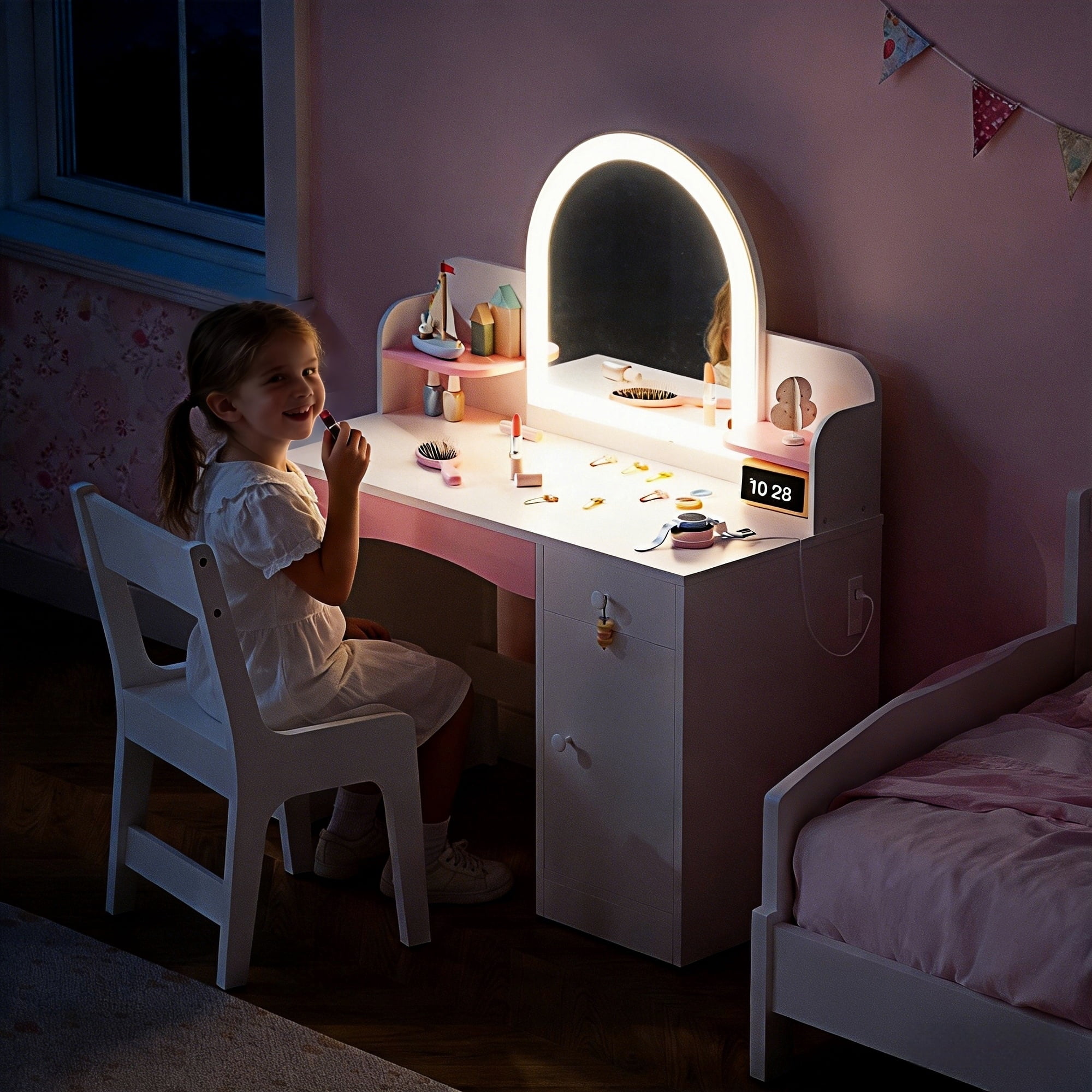 Haewon 35" Kids White Vanity with Lighted Mirror & Charging Station, Kids Vanity Table and Chair Set with Storage Cabinet & Drawers, Vanity for Kids, White
