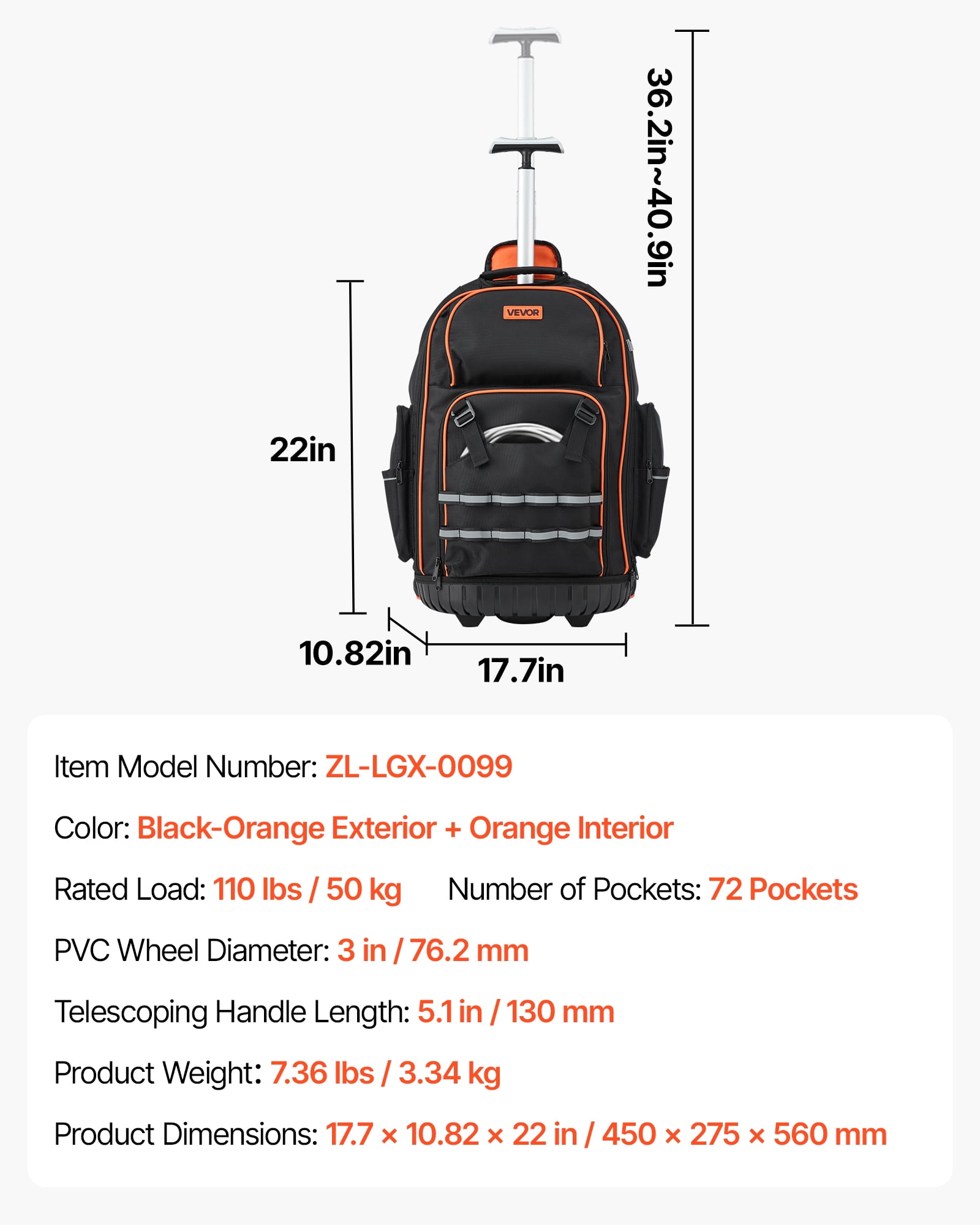 VEVOR Rolling Tool Backpack, 110 lbs Load Capacity, 72 Pockets Heavy Duty Roller Tool Bag on Wheels, Adjustable Telescoping Handle & Stable Base, Toolbag Organizers for Construction, Mechanic