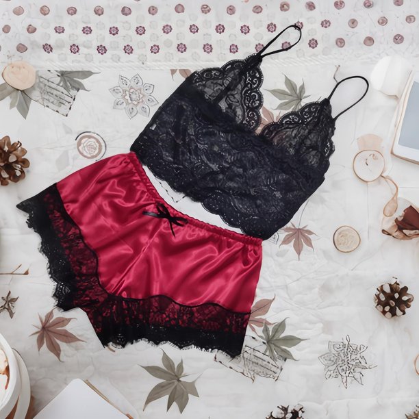 Puntoco Ropa de dormir para mujer Pijama sexy de encaje negro con retazos de encaje para mujer y ropa de casa sexy para mujer