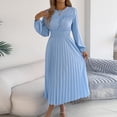 thumbnail image 3 of BRGZLK Ruffle Maxi Dress for Women Casual Fashion Solid Color Round Neck Shirred Waist-Cinching Pleated A Line Flowy Sundress Business Casual Modest Long Sleeve Dresses Light Blue S, 3 of 6