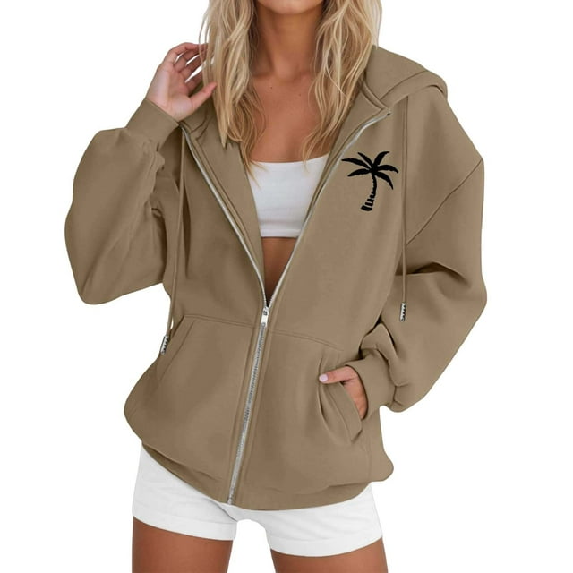 Aocisk Femme Arbre Graphique Décontracté Manches Longues à Cordon Veste à Capuche à Fermeture Éclair Sweat à Capuche Café S