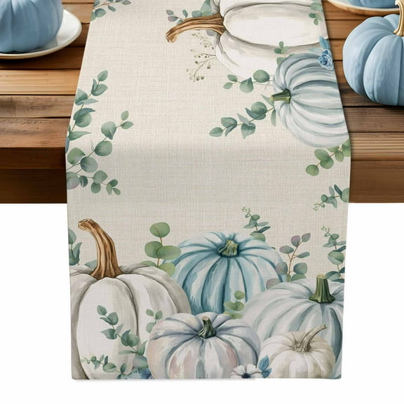 ERUNPONLY Teal Grey Pumpkin Fall Table Runner - 72 Inch Long Thanksgiving Eucalyptus Leaves Cotton and Linen Blended Dress Scarves Farmhouse Table Runner for Kitchen Dining, Coffee Table, 14" x 72"