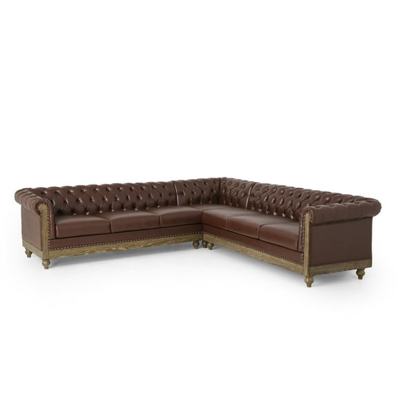 GDF Studio Batavia Chesterfield Tufted 7 Seater Sectional Sofa with Nailhead Trim, Dark Brown Faux Leather and Antique Brown