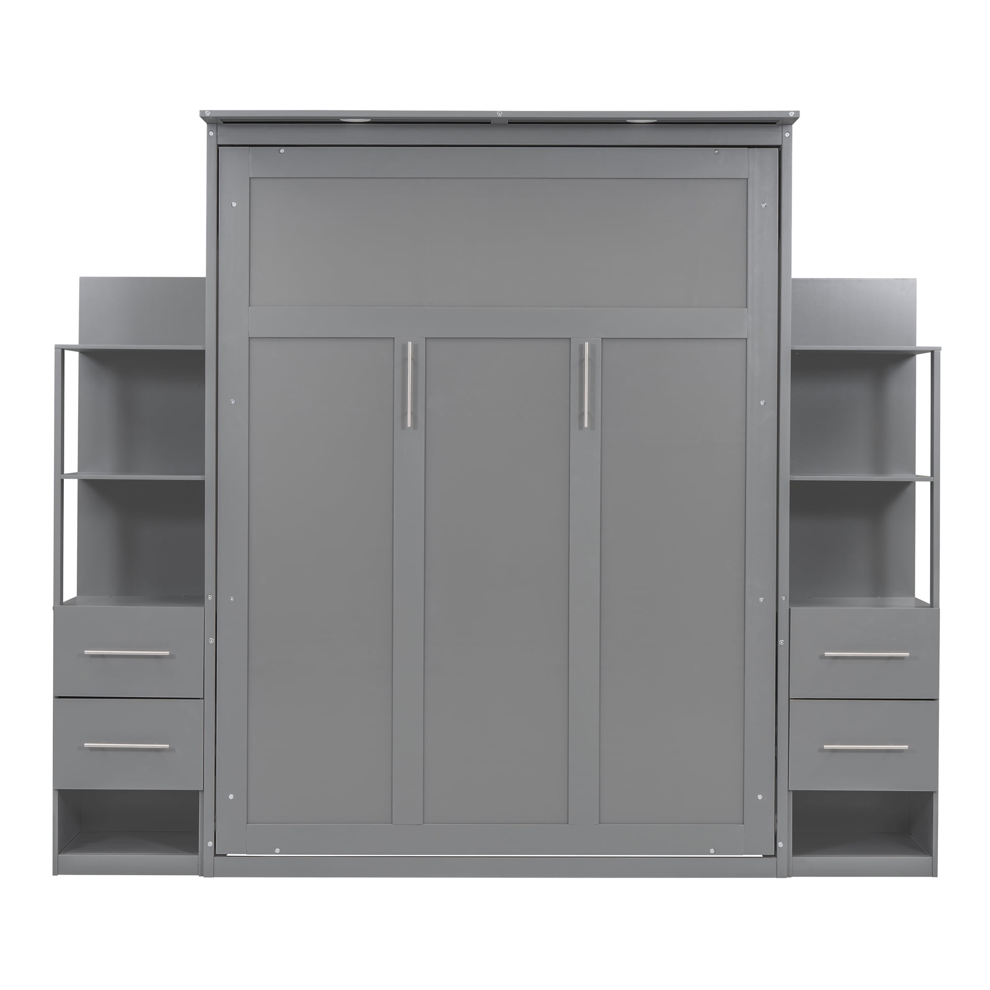 Euroco Wood Queen Size Murphy Bed with Cabinets and Drawers, Convertible Wall Bed wiht LED Light and Shelves, Gray