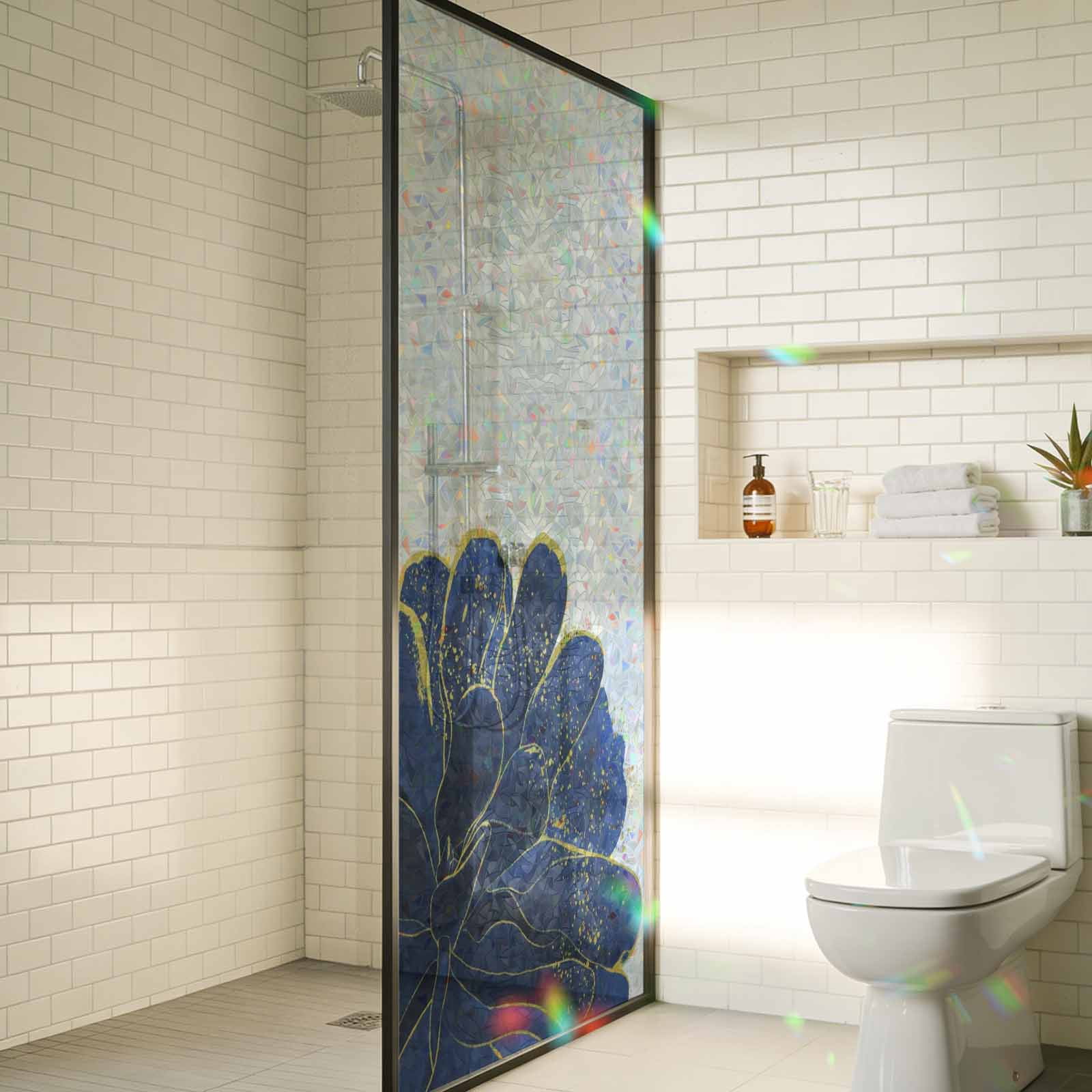 Navy Blue Gold Window Privacy Film Stain Glass,Reusable Decorative Rainbow Window Film,Abstract Line Art Troditional Ink Painting Static Cling Sun Blocking Stickers Decals Covers 19.6" x 39.3" (2pcs)