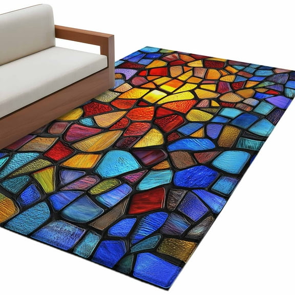 Blue Red Yellow Area Rug 3x5 FT, Non Slip Entryway Bedside Carpet, Modern Colored Rainbow Stained Glass Washable Soft Floor Carpet Indoor Mat Non-Shedding Throw Rug for Dorm Kitchen Home Office