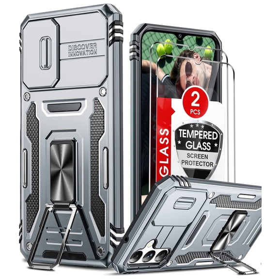 LeYi for Galaxy A14 5G Phone Case, A 14 Case with Screen Protectors x 2, Impact Resistant Metal Ring Magnetic Support Kickstand Drop Protector Cover for Samsung Galaxy A14 5G, Gray