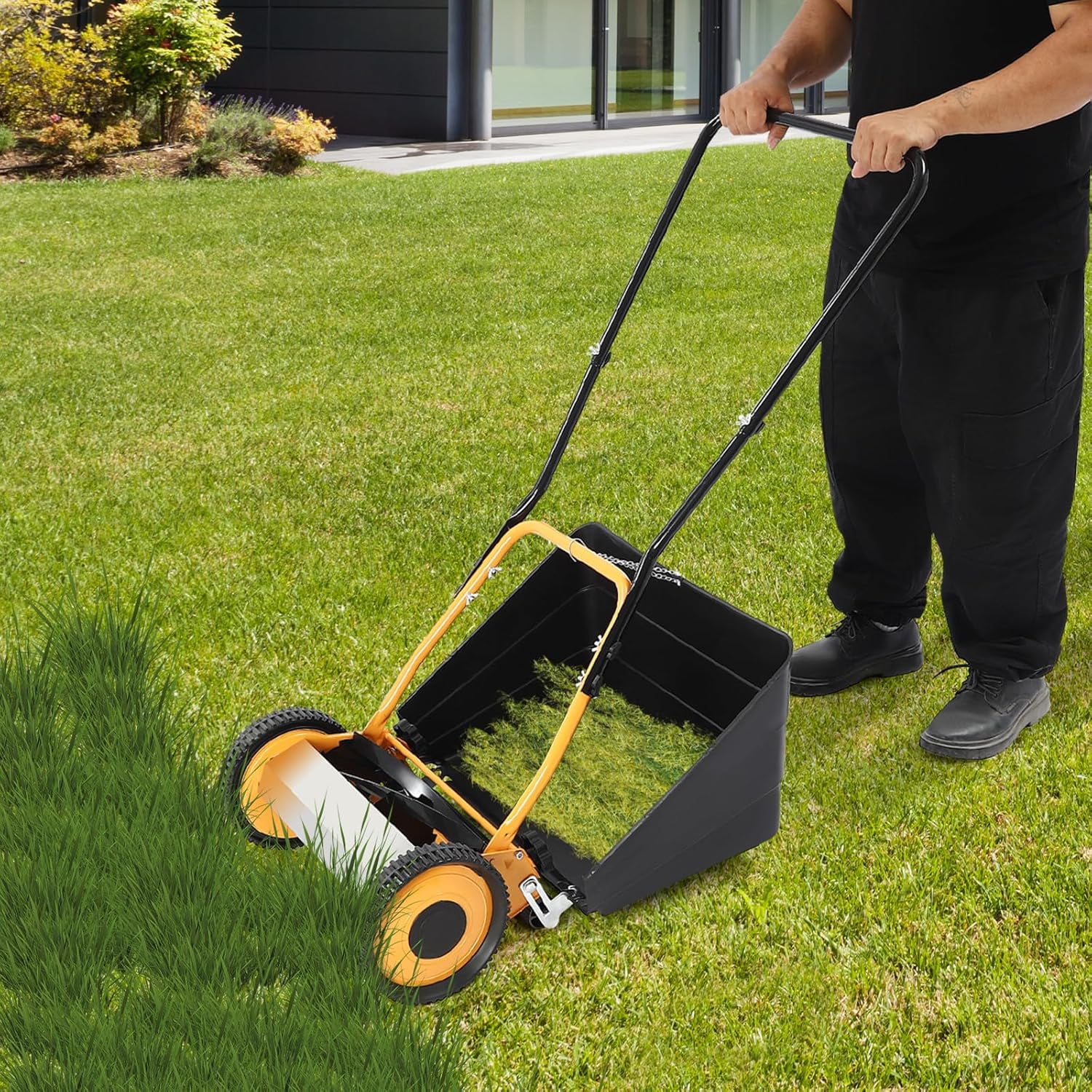 Miumaeov 14" Hand Push Mowing/Collecting Grass Lawn Mower, None Electric Wheeled Lawn Mower with Adjustable Cuttding Height and Low Noise